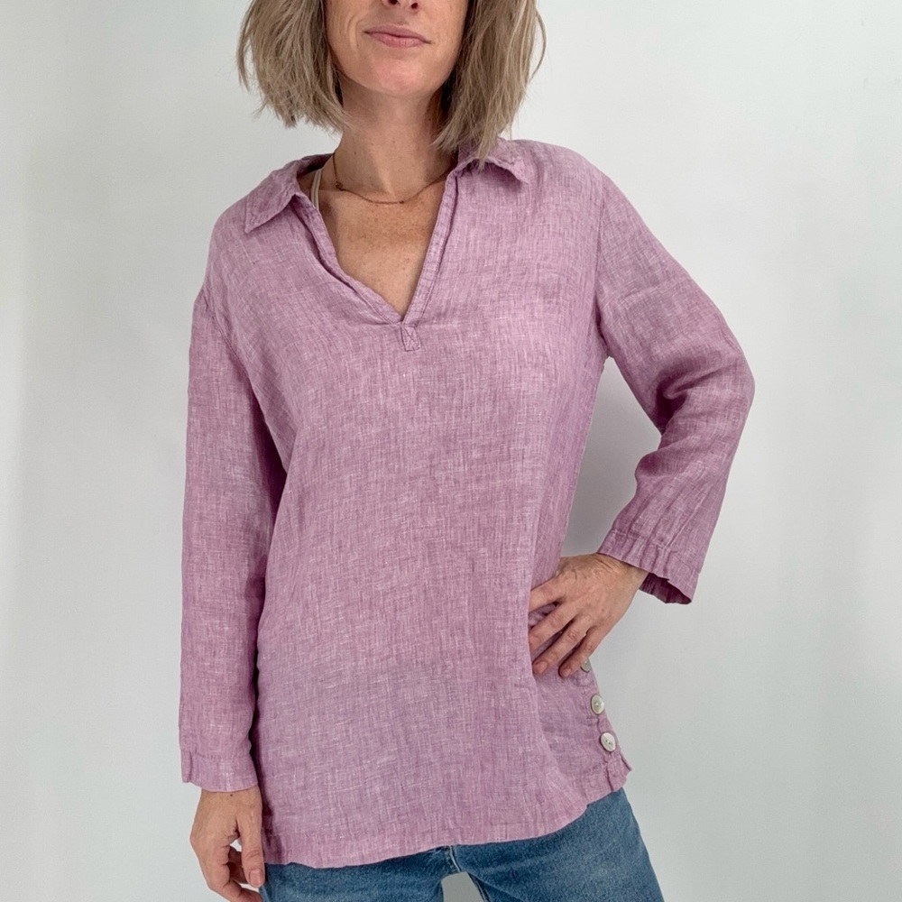 St. Tropez West 100% Linen Top Womens S Lilac Lagen Coastal Beachy Resortwear